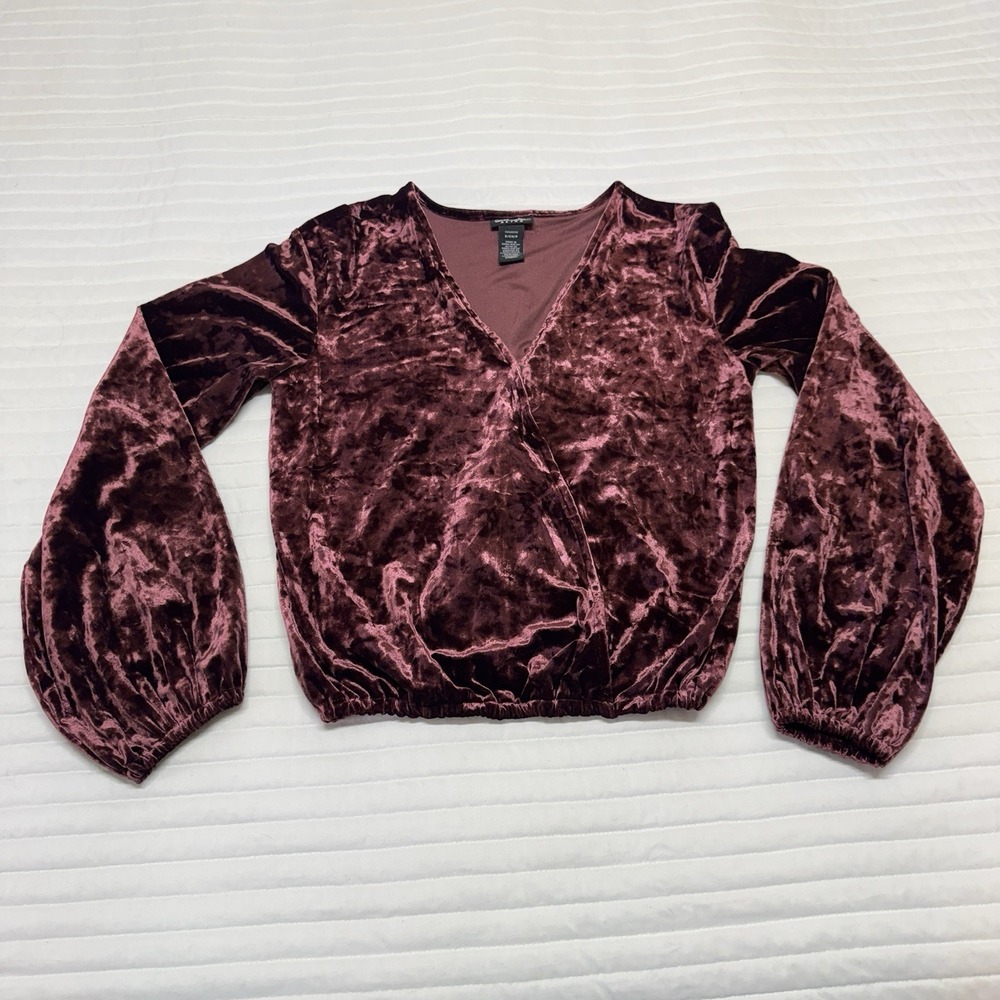 Wrangler Retro Women's Velvet‎ Long Sleeve Cross Front Blouse Burgundy Small
